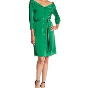 NWT Alice + Olivia Tate Off Shoulder Silk Shirt Dress Size 10 Green Juniper